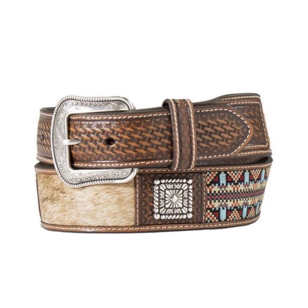 3D $74 Western Calf Hair Concho Belt Brown Aztec Inlays Mens 42 NEW